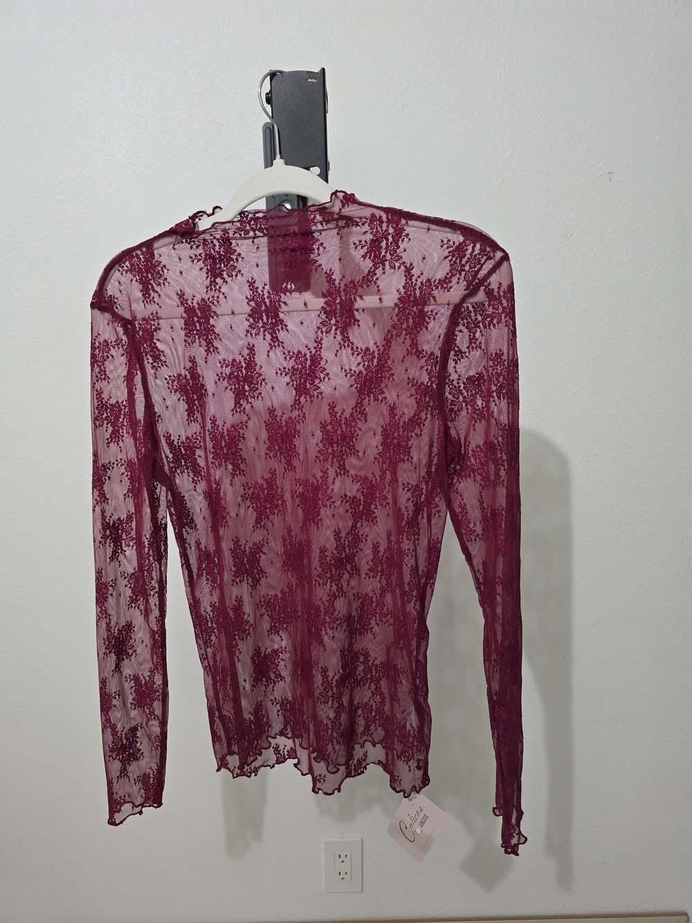 NWT Size M Sheer Burgundy Lace Long-Sleeve Top